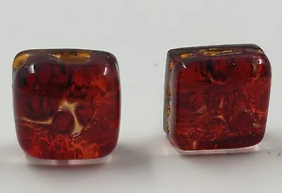 Murano Red/Gold Glass Square Earrings. Signed. Approx 3/8  X 3/8  • $25