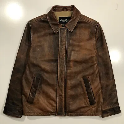 VTG Eddie Bauer Mens Large Brown Distressed Full Zip Leather Jacket Lined • $149.25