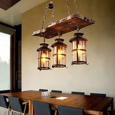 Rustic Wood Chandelier 3-Head Farmhouse Pendant Light Ceiling Lamp Island Light • $90