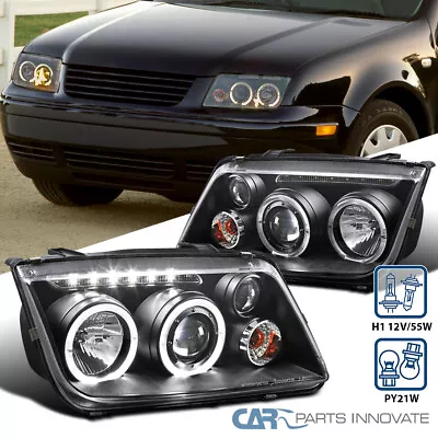 Fit 99-05 Jetta Bora Mk4 LED Halo Projector Headlights Head Lamps Black W/ Fog • $155.95