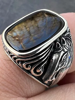 Mens Real 925 Sterling Silver Natural Black Onyx Gemstone W. Horse Design Ring • $49.21