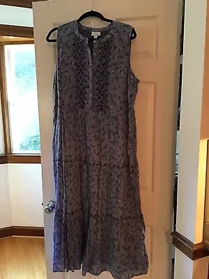 J Jill Linen Dress Women's Large Blue White Leaf Sundress X-Long • $30