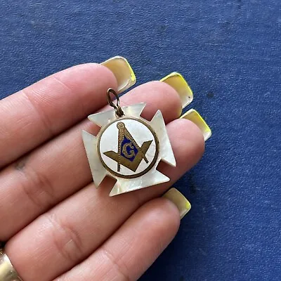 Vintage 1930s MASONIC Mother Of Pearl Enamel Brass Charm Pendant • $48.99