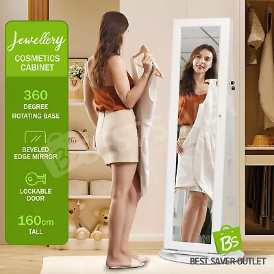 360 Degree Rotating Jewellery Storage Shelf Cabinet LED Mirror Organiser White • $229.75