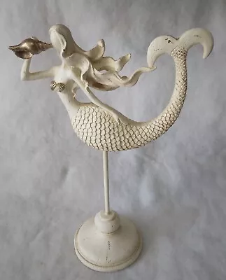 Resin Mermaid On A Stand Cream Colored Statue Figurine Nautical Decor W/Shells • $19.99