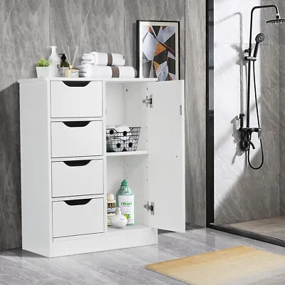 $75.99 • Buy Bathroom Floor Cabinet Wooden Storage Organizer With 4 Drawers Adjustable Shelf