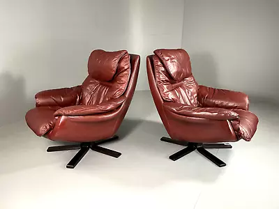 EB5749 2 Vintage Danish Brown Leather Bucket Swivel Chairs Retro MCM MSWI • £550