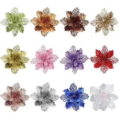 Glitter Artifical Poinsettia Flower Christmas Tree Decorations For Wreath • $6.49