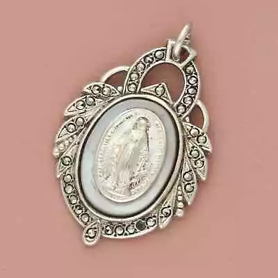 Sterling Silver Marcasite Studded Mother Of Pearl Virgin Mary Pendant • $40