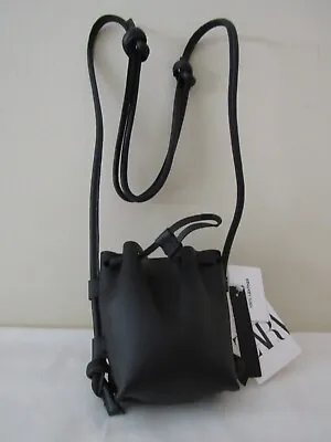 $36 • Buy NWT ZARA Black Crossbody Small Drawstring Pouch 100% Leather Bag MSRP $49