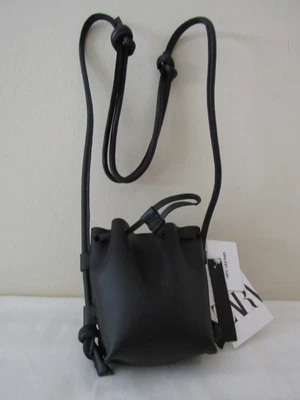 NWT ZARA Black Crossbody Small Drawstring Pouch 100% Leather Bag MSRP $49 • $30