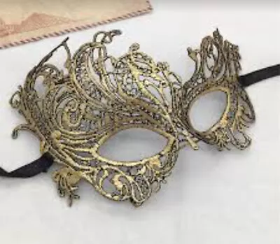 Gold Golden Lace Venetian Floral Mask Masquerade Ball Metallic Shimmer Halloween • £3.99