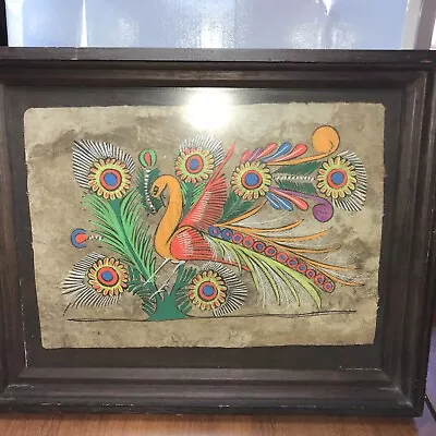 Vintage Amate Bark Painting Colorful Bird Framed Mexican Folk Art Bohemian • $49