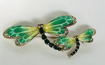 Vintage MONET Twin Dragonfly Green Enamel Rhinestone Brooch Pin • $14.50