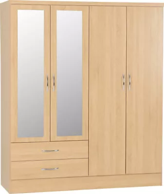 Nevada 4 Door 2 Drawer Mirrored Wardrobe Sonoma Oak Effect Finish Hanging Rail • £287.99