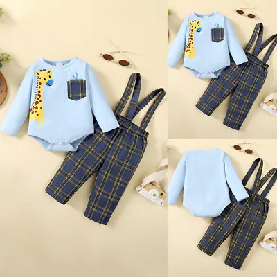 Newborn Baby Boys Gentleman Outfits Set Romper Tops Plaid Jumpsuits Overalls UK • £10.99