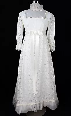 Prairie Wedding Dress XS Vintage 70s Eyelet Lace High Neck Boho Cottagecore • $49.99