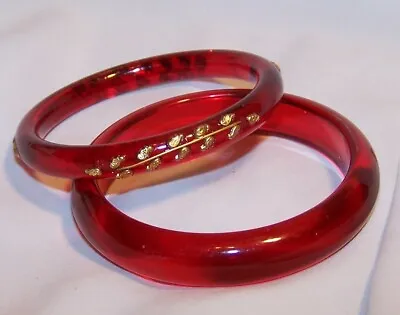 Vintage Lucite Bangle Bracelet Lot Of 2- Ornate Gold Tone-Christmas Red-Estate • $24.99