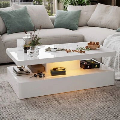 $279.99 • Buy Modern High Glossy White Coffee Table With 16 Colors LED Lights,Rectangle Table