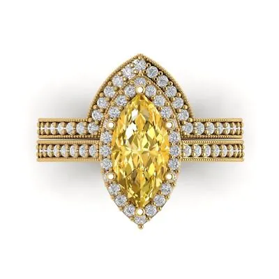 2.16ct MQ Round Halo Yellow Stone Wedding Statement Ring Set 14k Yellow Gold • £490.96