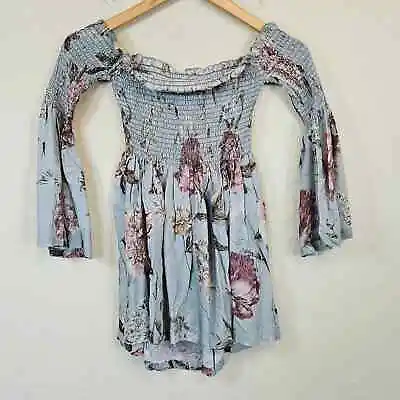 Chaser Gauze Smocked Off Shoulder Tunic Top Gray Vintage Floral Size Medium • $30