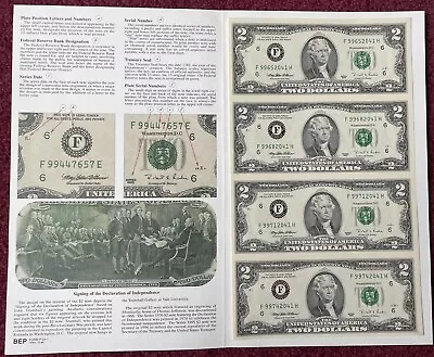 Sheet Of 4 $2 Dollar Bills Bureau Of Printing Engraving 1995   Washington DC.  • $55