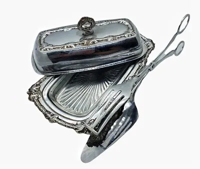 £16.99 • Buy Chrome Plated Butter Dish And Pastry Tongs Great Condition.