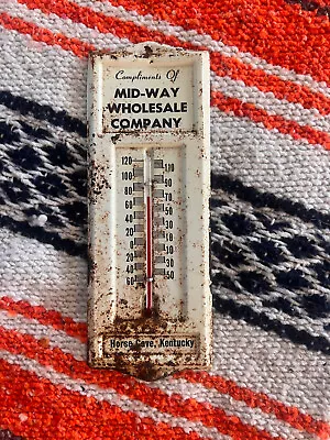 Vintage Mid-Way Wholesale Company Horse Cave Kentucky Small Metal Thermometer • $15.99