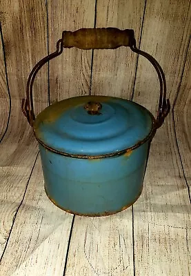 Antique Blue Enamel/metal Ware Berry Bucket With Lid & Handle 4  Farm House • $39.99