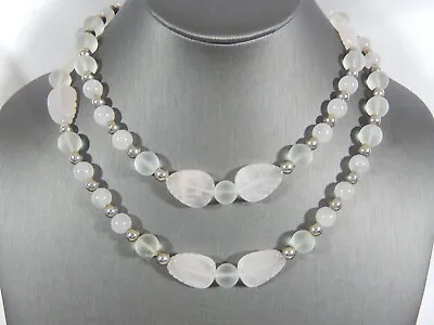 Vtg Carved Rose Quartz  Frosted Crystal & Siver Plated  Bead 36   Necklace • $30