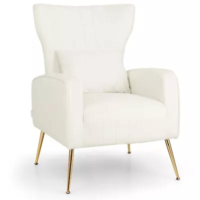 Costway Velvet Upholstered Wingback Chair Curved Tufted Accent Armchair W/Pillow • £129.95