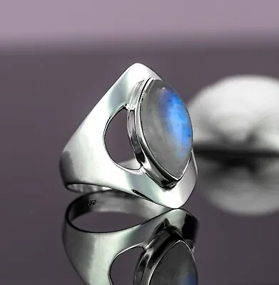 Stylish Marquise Rainbow Moonstone 925 Sterling Silver Gemstone Ring Gift Boxed • £15.99