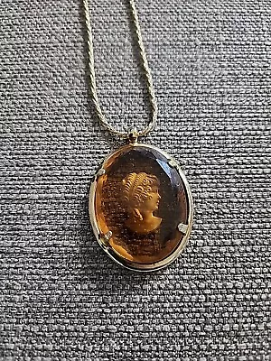 Vintage Warner Intaglio Cameo Reverse Amber Glass Necklace • $80