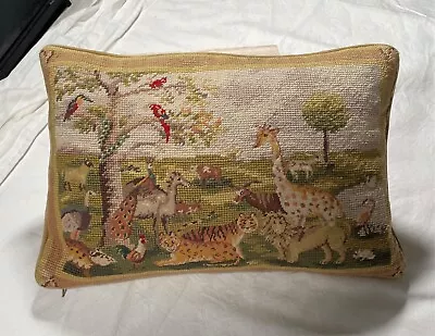 Vintage Pillow NEEDLEPOINT Tiger Lion Giraffe Birds & More Animals Down Filled • $99