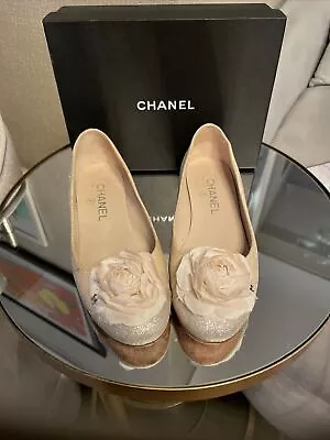 Vintage Chanel Shoes 37 Flat Glitter With Camellia Silk Flower • $140