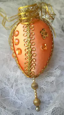 Vintage Handmade Ornament - REFURBISHED PEACH SATIN W/RHINESTONES & TRIM • $6.99