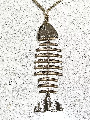 Necklace Fish Bones Skeleton Pendant Gold Tone  Jewelry 30 Inch Long • $9.95