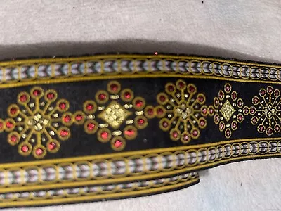 4 Yards Black Metallic Gold Brick Red Jacquard  Trim Ribbon 1.75  Wide • $7.86