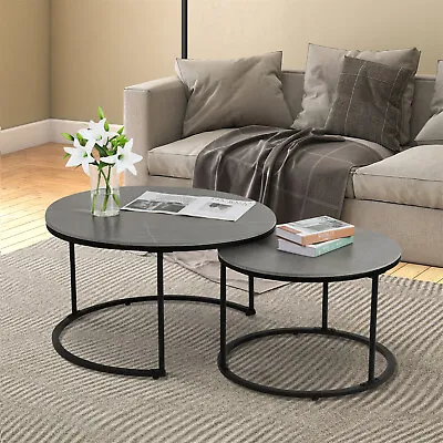 Large Nesting Slate Coffee Table Set Of 2 Round Sintered Stone Top Living Room • $169.95