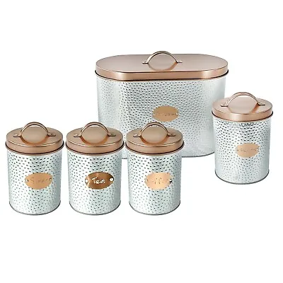 5PCs Metal Bread Bin Storage Box Canister Set Lid Tea Coffee Sugar Biscuits Jar • £16.85