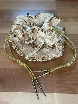 Vintage 1960s Crochet Ivory Gold  And Wood Beaded Drawstring Bag Purse Retro • $38