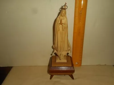 Vintage OUR LADY Of FATIMA Statue 3 DOVES Celluloid On 4 Leg Wood Base Read   • $39.95