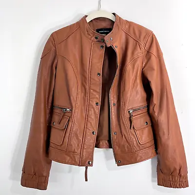 Vtg Moda International Leather Jacket Women XS Brown Y2K Biker Grunge Streetwear • $44