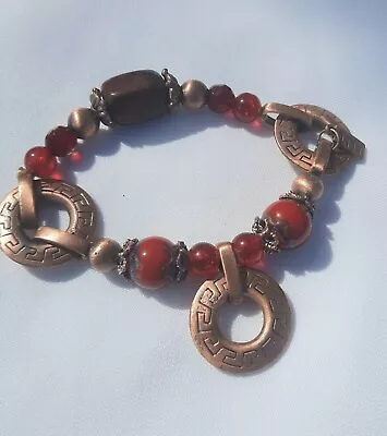 Vintage Elle Fashion Copper Tone And Red Bead Bracelet Stretch Style  • $10