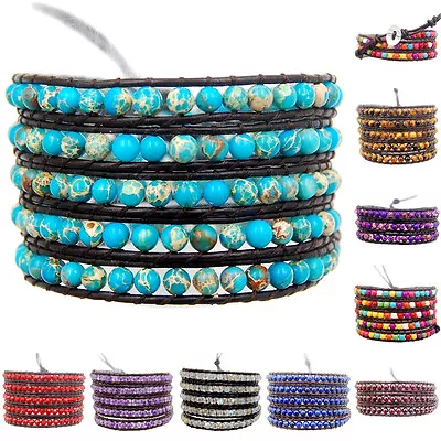 Hot Colorful Hand Made Mixed Crystal And Gemstones Beads Wrap Leather Bracelet • $9.98