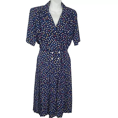 1980's Secretary Dress Blue Polkadot  Collared Short Sleeve Sz LG Y2K MOD • $25.06