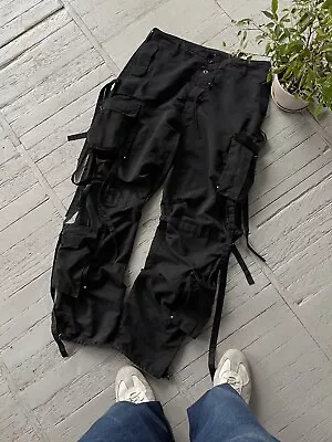 Vintage Unisex Multipocket Bandage Baggy Parachute Cargo Pants Black Size 32 • $95