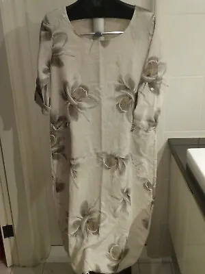 LISA TOMEI Linen/ Cotton Floral Beige Long A Line Dress Italy L BNWT • $57