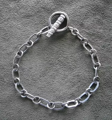 Artisan Flat Link Vintage Oxidized Sterling Silver Toggle Bracelet 8  10.7g • $34.50