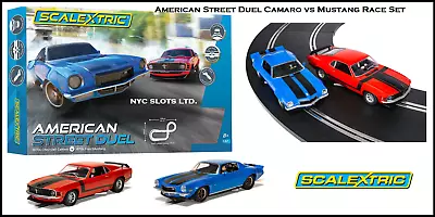 Scalextric American Street Dual -Mustang VS Camaro 1:32 Slot Car Race Set C1429T • $169.95